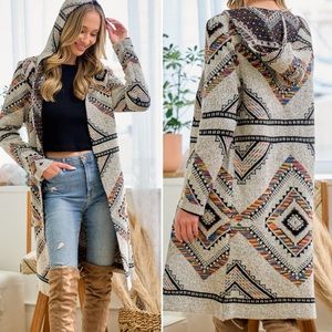 #78 New! Long Aztec multi-colored, hooded sweater coat